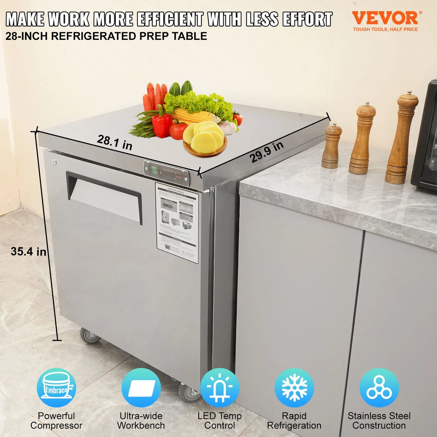 VEVOR 28" Undercounter Worktop Refrigerator 7.4 Cu. Ft Thick Stainless Steel Refrigerated Food Prep Station Fan Cooling for Bar