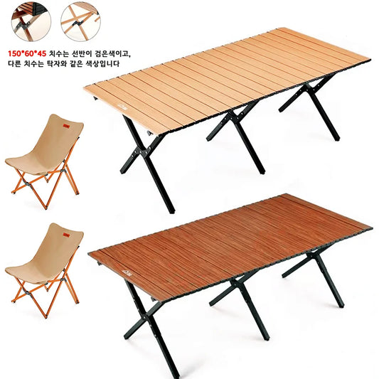 Camping Beach Folding Tables and Chairs Wooden Grain Carbon Steel Wild Table Portable Tourism Plate Table