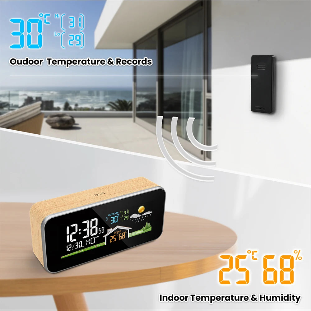 Alarm Clock Digital Surface Wall Decor Time Date Week Temperature Humidity Weather Forecast Wireless Table Desk Watch Wood Clock