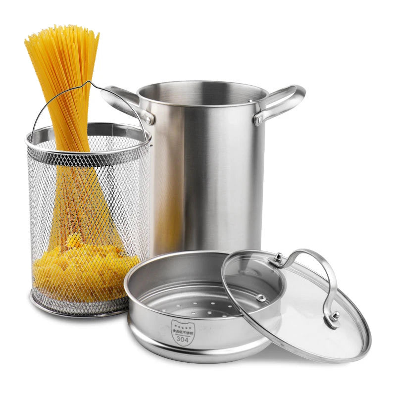 Olla para freír Pasta de acero inoxidable, olla para freír al vapor, olla para sopa de 4 L con rejilla de vapor, cesta para freír, utensilios de cocina para Pasta y espárragos, 4 Uds.