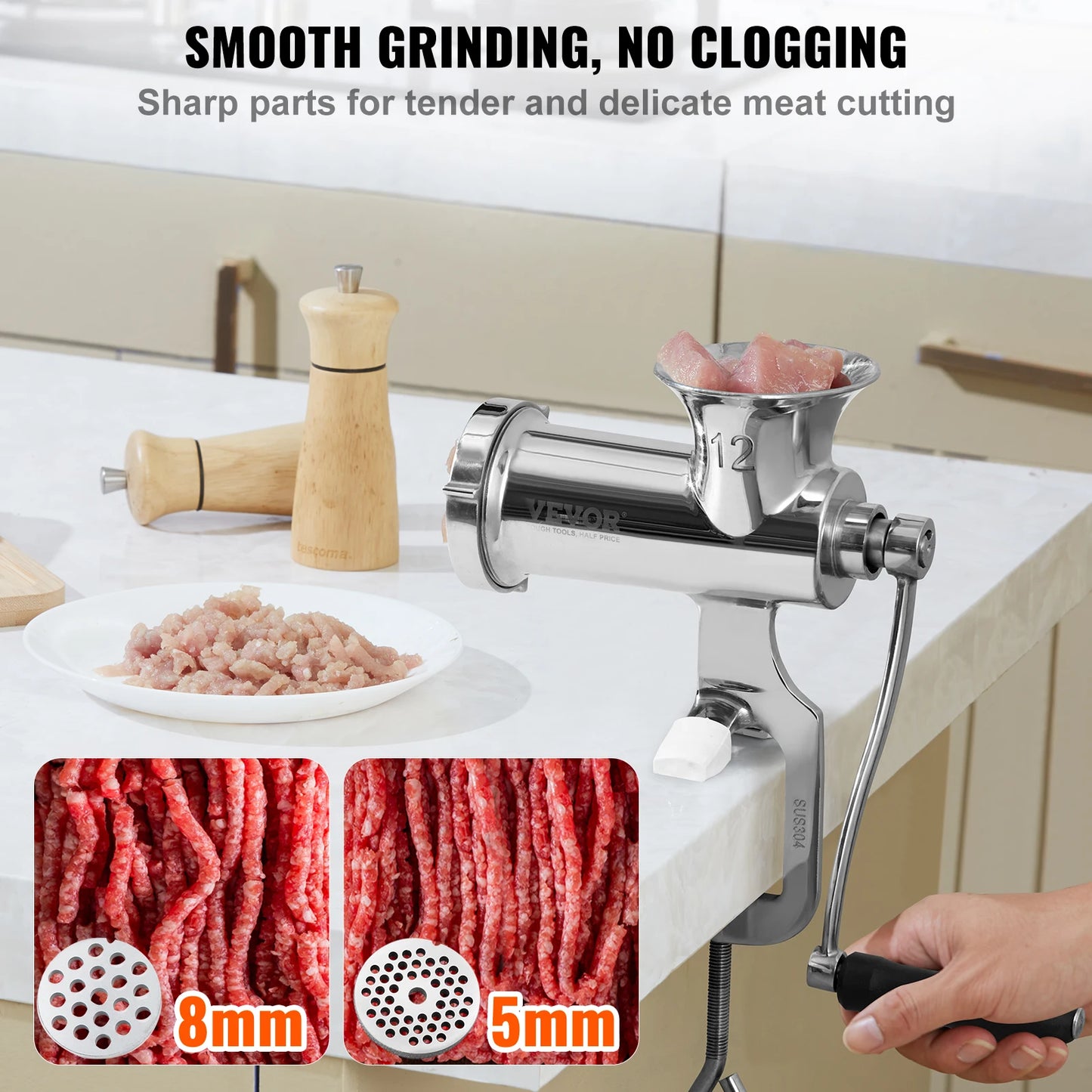 VEVOR Manual Meat Grinder 304 Stainless Steel Hand Meat Grinder with Steel Table Clamp Meat Mincer Sausage Maker