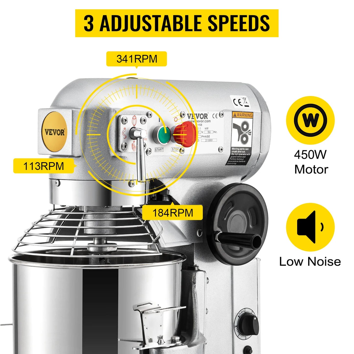 VEVOR-batidora de masa eléctrica comercial, mezclador de masa de 10/15/20/30Qt, 3 velocidades, 450/500/750/1100W, mezclador de acero inoxidable