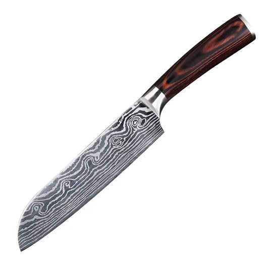 Couteau de cuisine Santoku en acier au carbone de 7 pouces, pour la maison et le Restaurant, rasoir tranchant de Chef japonais, manche ergonomique