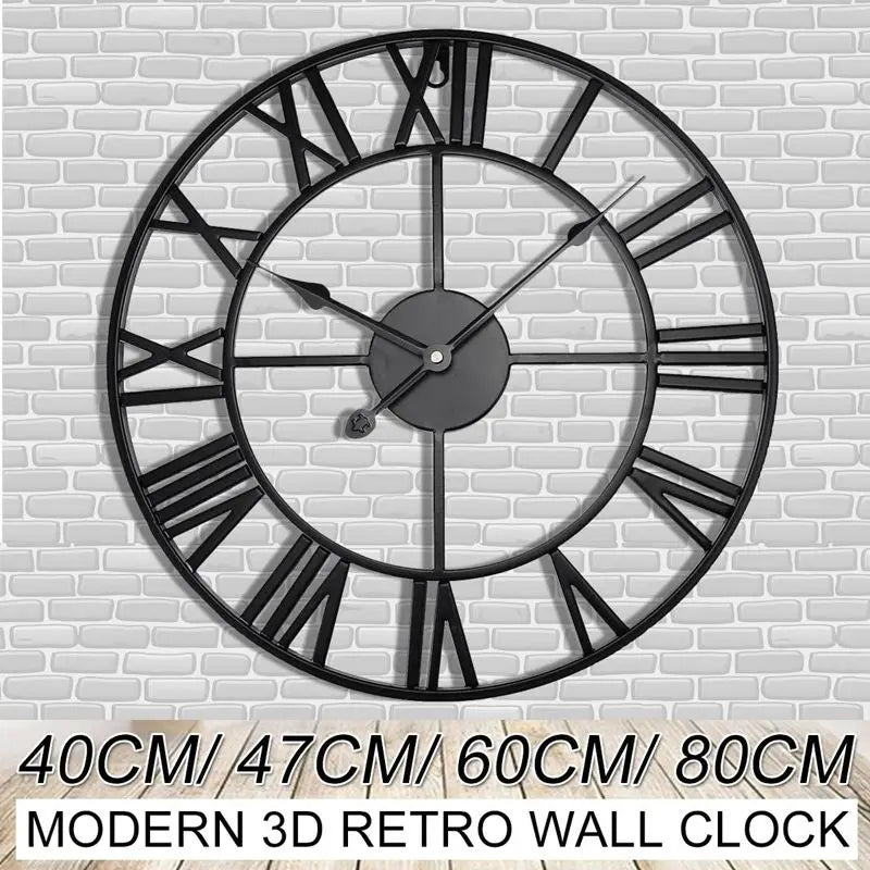 40/47/60/80cm horloge murale moderne 3D grand rétro fer noir rond creux en métal horloge murale nordique chiffres romains horloge décor à la maison