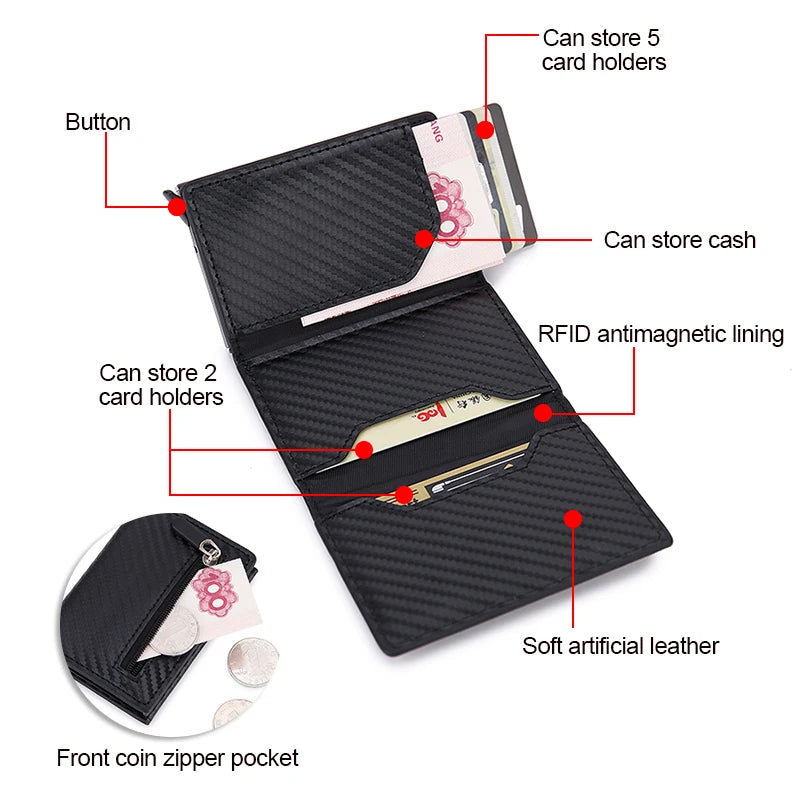 Rfid Carbon Fiber Card Holder Men Wallets Money Bags Slim Thin Metal Leather Mini Wallet 2022 Male Purse Black Walet for men New