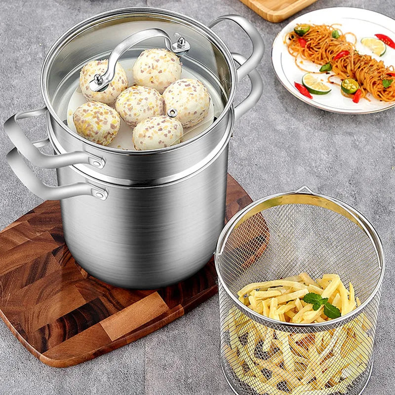 4 Pcs Stainless Steel Pasta Cooker Steamer Deep Fryer Pot  4 L Soup Pot With Steam Grid Fry Basket for Pasta Asparagus Cookware