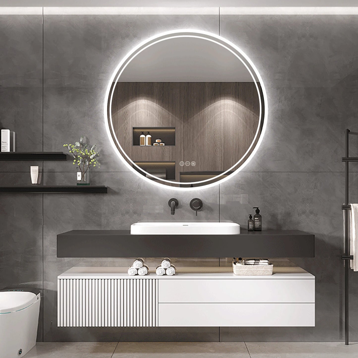 Bathroom Mirror with LED Lights Circle Backlit Illuminated Wall Mounted Lighted Mirror Anti-Fog 3 Colors Change IP65 Dimmable