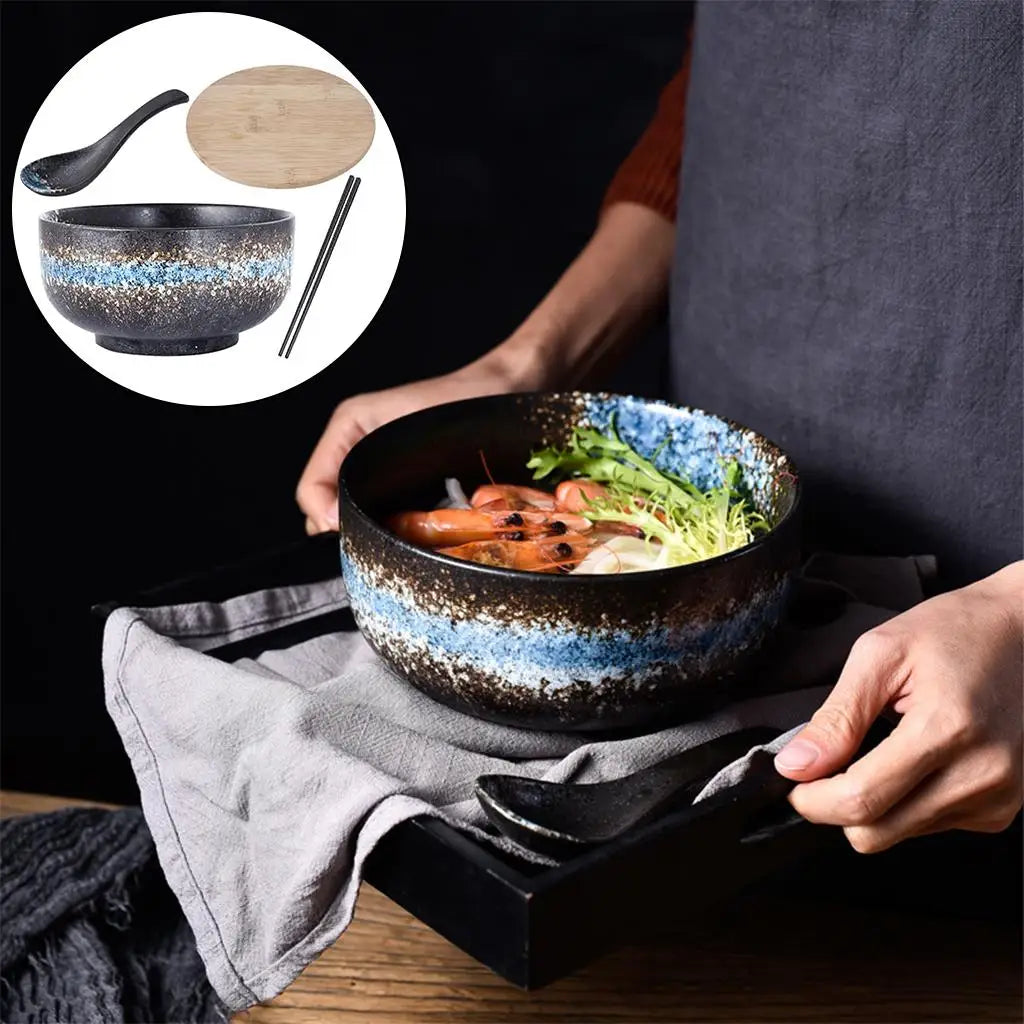 1500 ml Ceramic Japanese Ramen Bowl with Lid Spoon Chopsticks Ceramic Instant Noodle Bowl for Dishes Rice Home Tableware