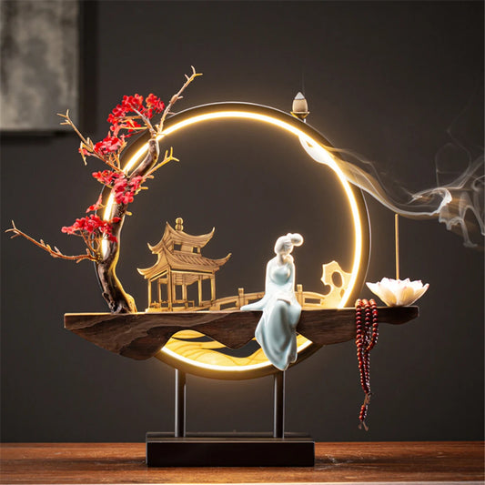 Led Light Backflow Incense Burner USB Light Circle Simulation Tree Ceramic Lotus Buddha Beads Home Office Decoration Furnishing