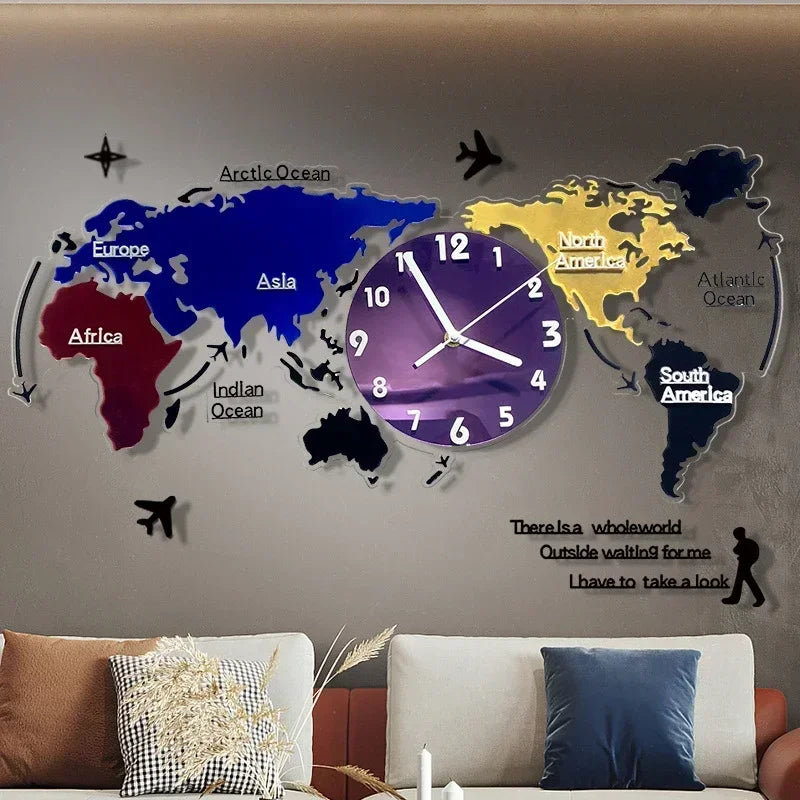 3D Wall Clock DIY Large Map Wall Clocks Moden Design Living Room Decoration Acrylic Digital Mute Watches Office Reloj De Pared