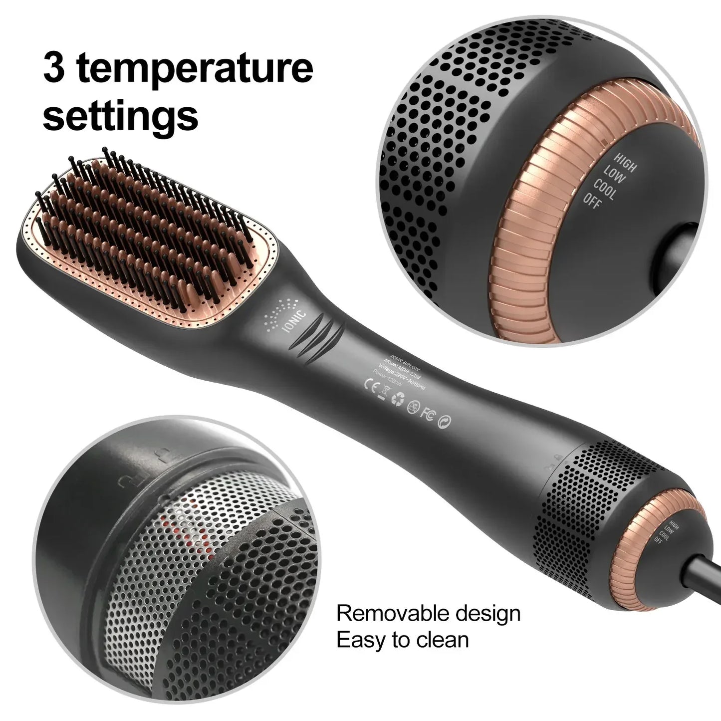 Cepillo secador de pelo 3 en 1, cepillos de aire caliente, 1200 W, potente Cerámica turmalina iónica para todo tipo de cabello, cepillo iónico