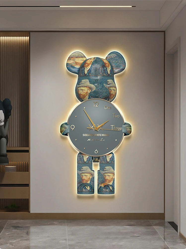 Light Luxury Art Cartoon Bear Clocks, Wall Clock Modern Design, Living Room Decoration, Room Creative Clock Wall Lamp Mute