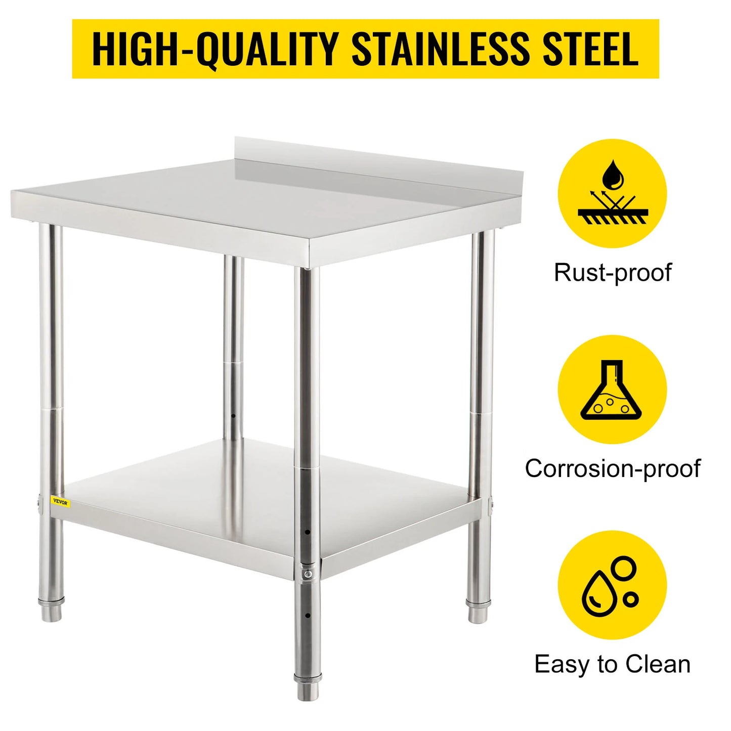 VEVOR Table de préparation au travail en acier inoxydable, 30 x 24 x 35/36 x 24 x 35 pouces, capacité de charge de 440 lb avec dosseret et étagère inférieure