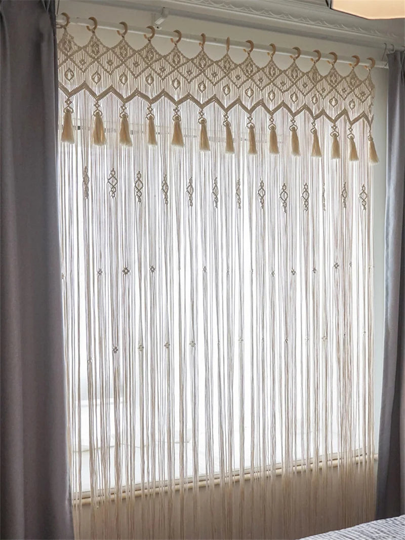 Tapiz de cortina de ventana de puerta de algodón de macramé bohemio tejido a mano, tapiz artístico para colgar en la pared, decoración de tapiz de fondo de boda