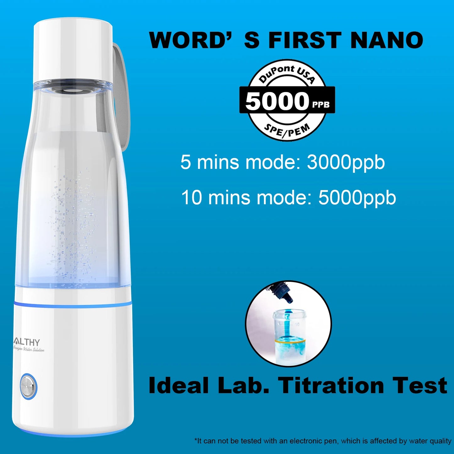 ALTHY-botella generadora de agua de Hidrógeno Molecular Premium DuPont SPE + PEM, fabricante de doble cámara + dispositivo de inhalación H2, 5000ppB máx.