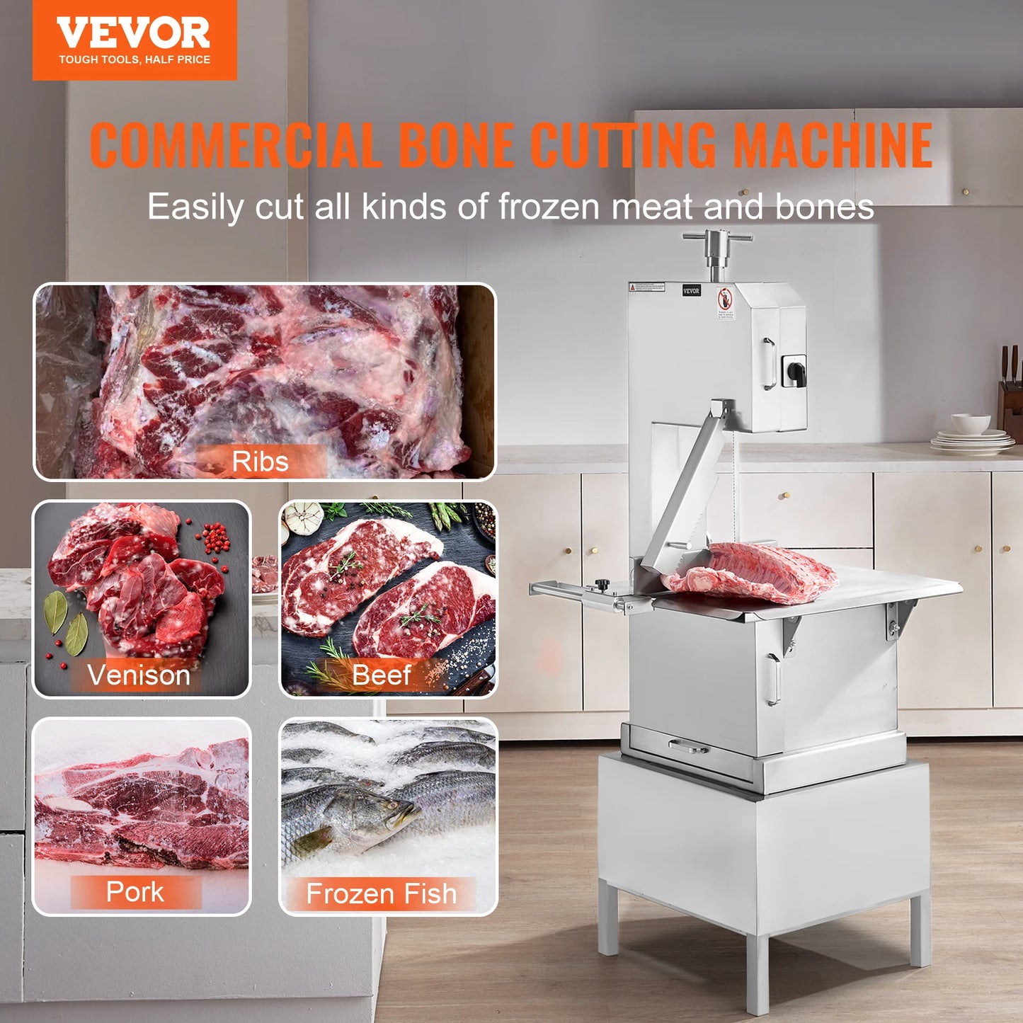 VEVOR-sierra de cinta eléctrica comercial para carne, sierra Vertical de acero inoxidable para huesos, cortador de carne congelada con 6 cuchillas para costillas, cerdo y ternera