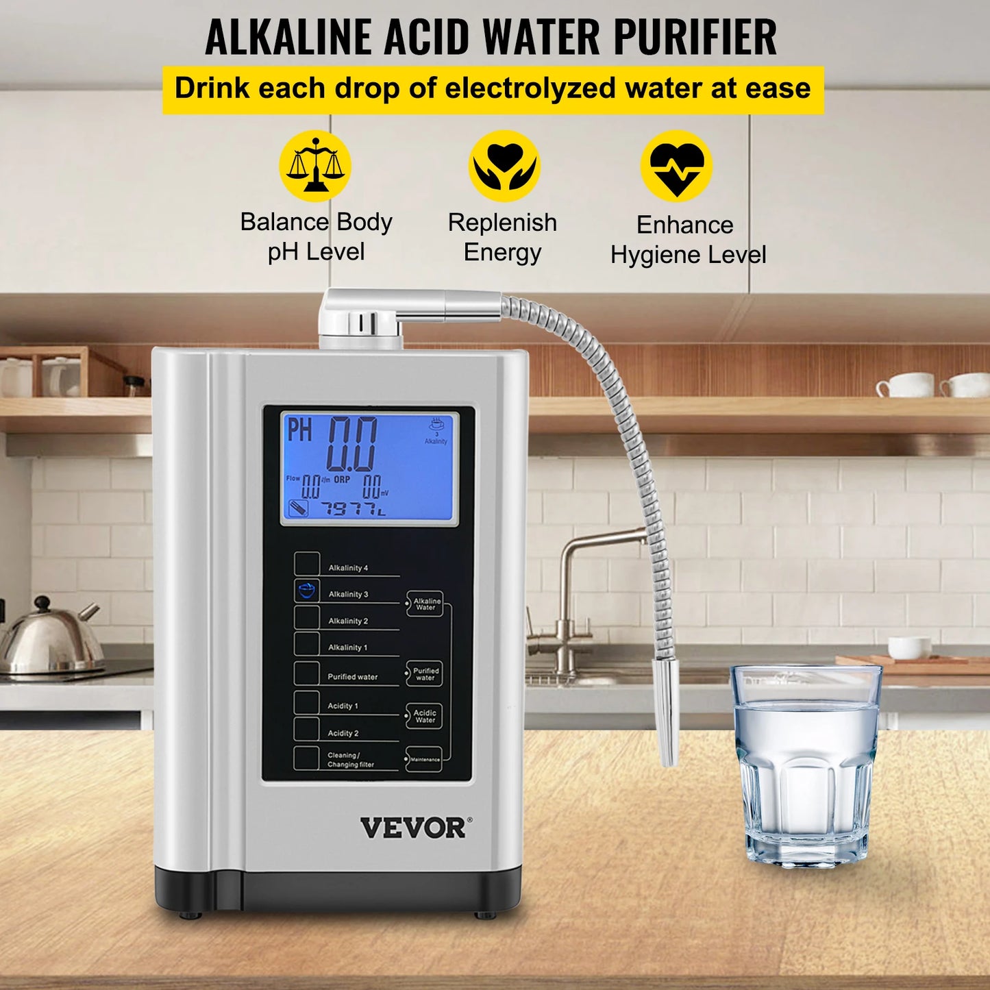 VEVOR Water Ionizer Machine PH3.5-10.5 Home Filtration System Drinking Purifier Filter 7 Water Settings for Home Appliance