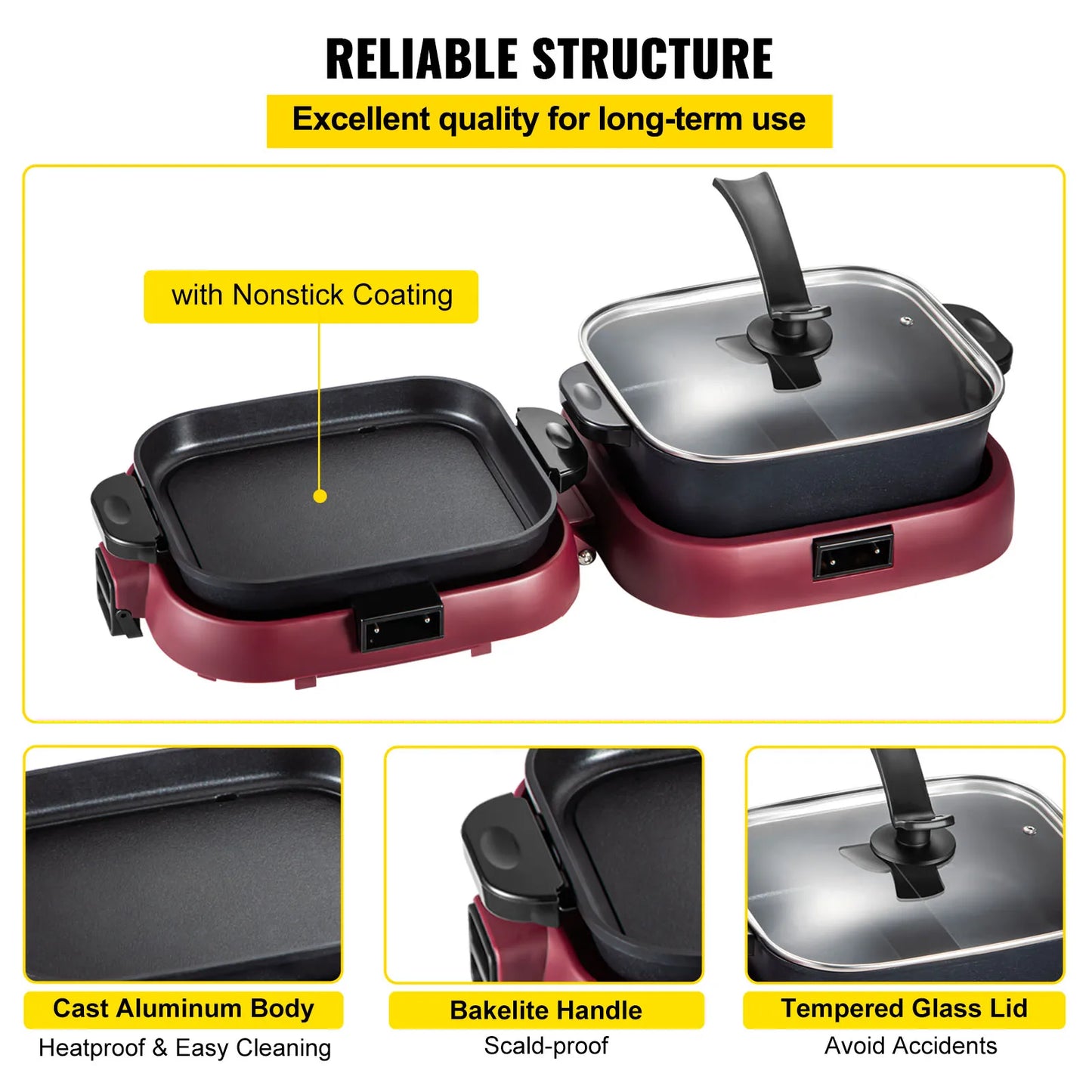 VEVOR 2 en 1 électrique marmite Barbecue Grill 2000W multifonction Portable maison pliable antiadhésif fendu Pot sans fumée Barbecue poêle