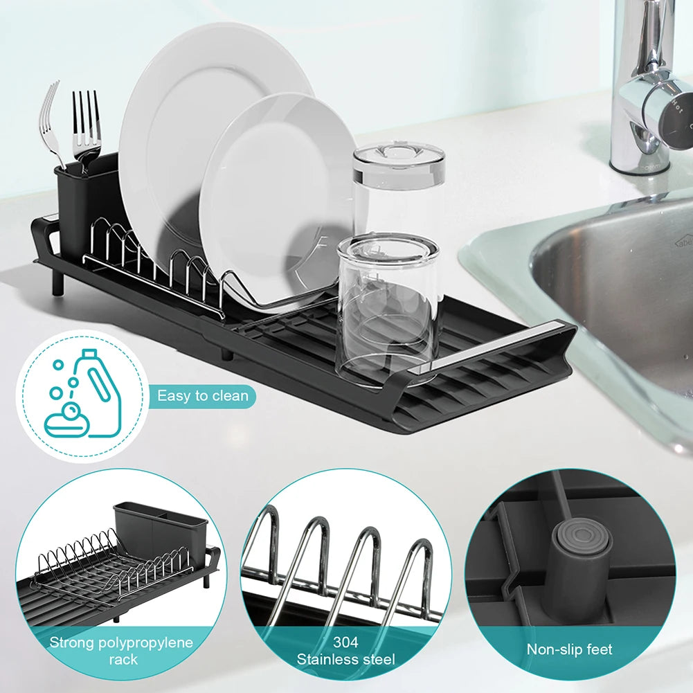 Escurridor de platos de cocina, estante extensible para platos con bandeja de drenaje, soporte de almacenamiento de utensilios para encimera de cocina, Organización del hogar