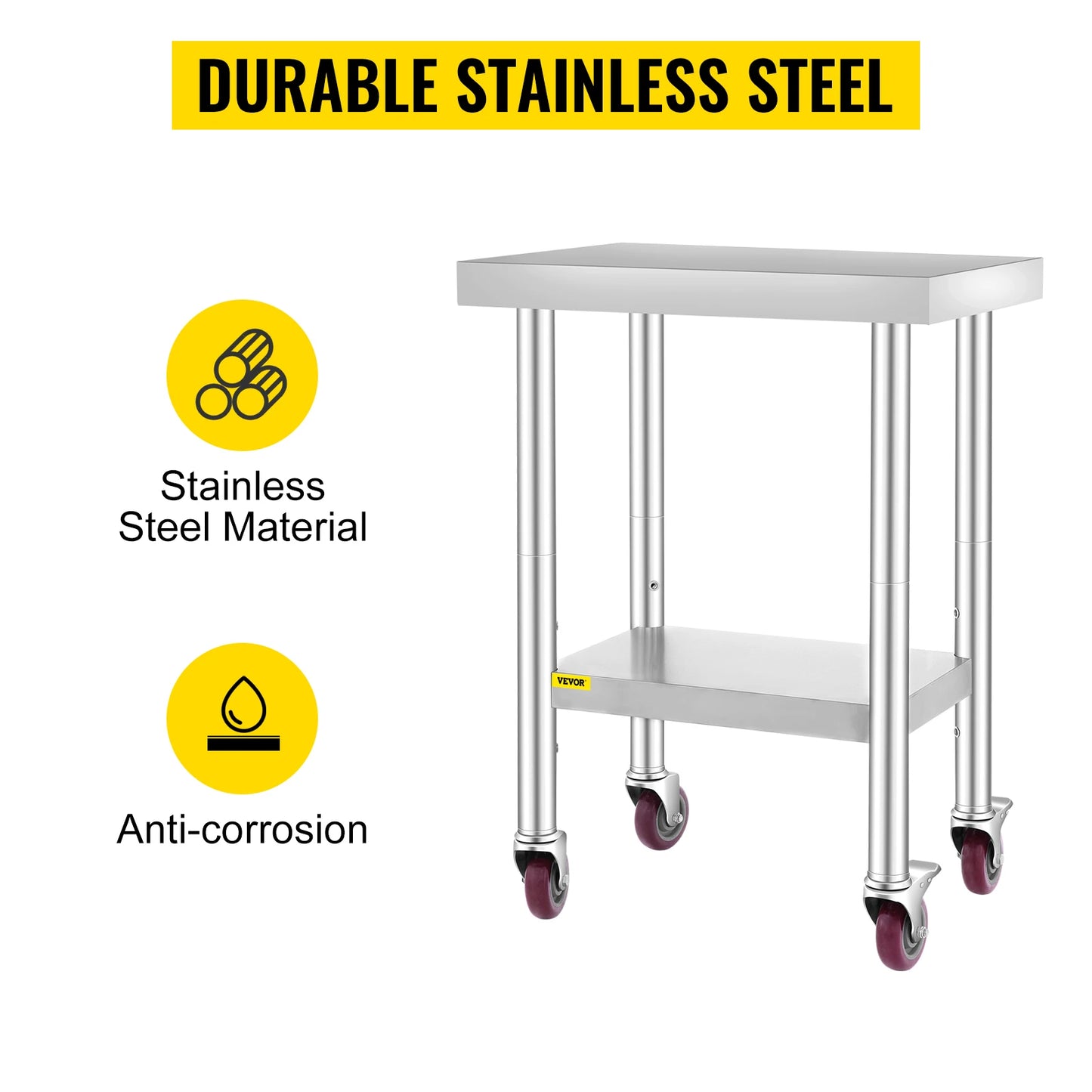 VEVOR – Table de travail de cuisine en acier inoxydable, étagères, banc de travail Commercial avec roulettes, pour le stockage à domicile et au Restaurant