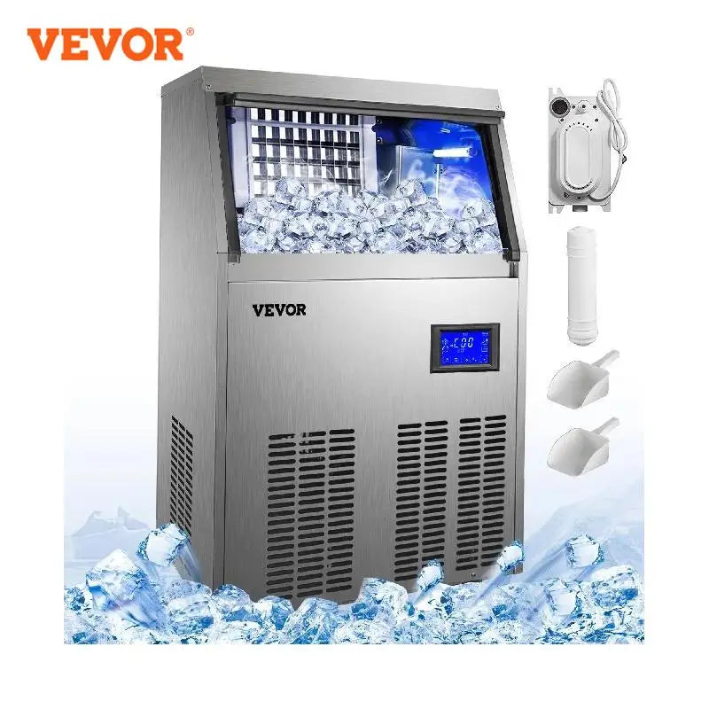 VEVOR-máquina de hielo en cubos comercial con bomba de drenaje de agua, electrodoméstico independiente, congelador líquido de limpieza automática, 40/50/60/70 KG/24H