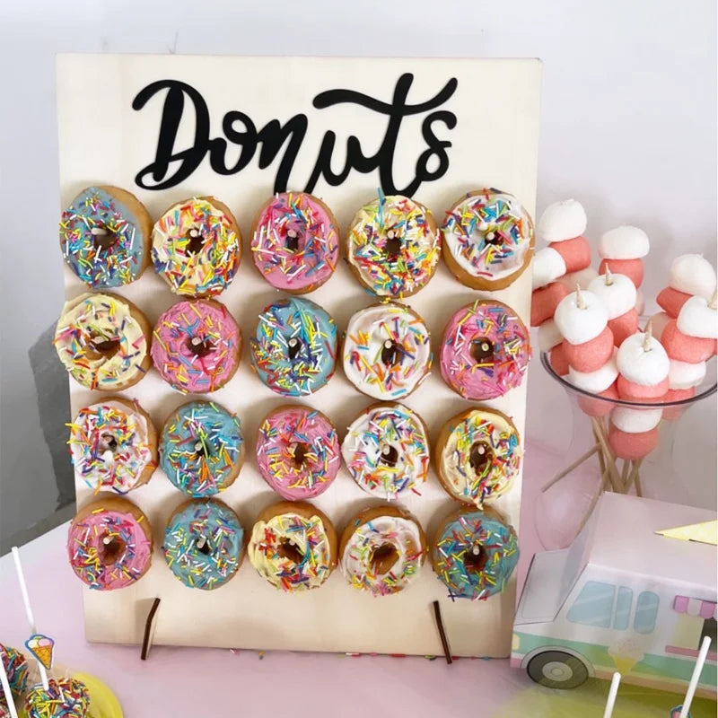 Decoración de boda, soporte de madera para Donuts, soporte de pared para postre, mesa de Donuts, suministros de boda, fiesta de cumpleaños para niños, Baby Shower