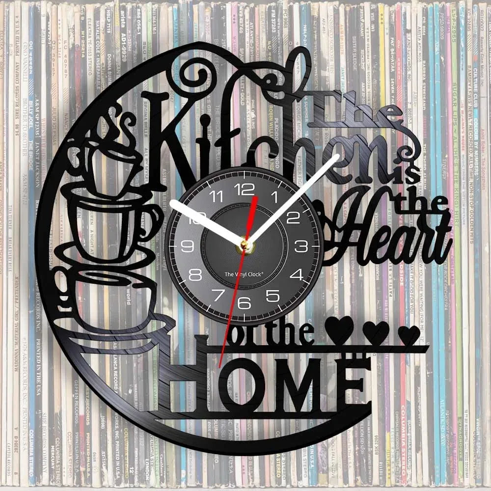 Reloj de decoración de cocina, reloj de grabación de vinilo inspirado en el corazón del hogar, diseño moderno, relojes silenciosos de pared de vinilo