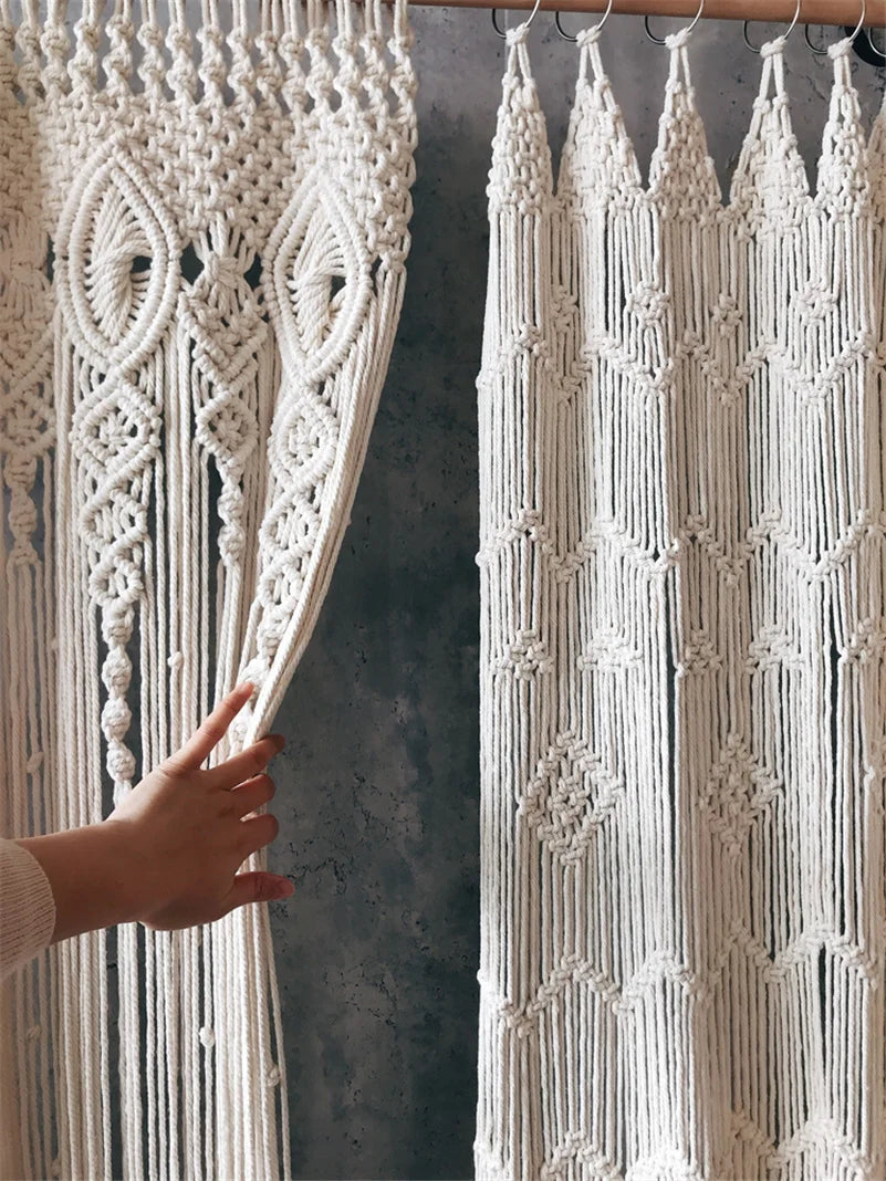 Tapiz de cortina de ventana de puerta de algodón de macramé bohemio tejido a mano, tapiz artístico para colgar en la pared, decoración de tapiz de fondo de boda