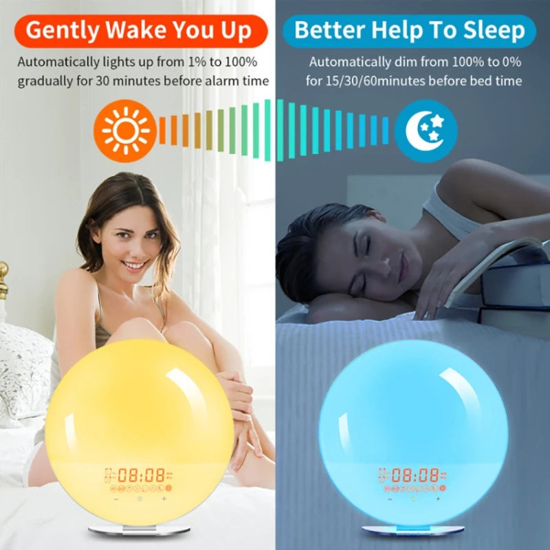 Wake Up Light Alarm Clock with Sunrise/Sunset Simulation Dual Alarms FM Radio Nightlight 7 Colors Natural Sounds Snooze