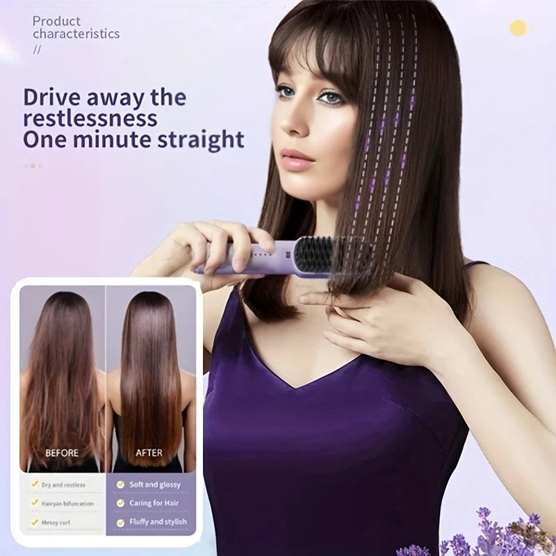 Plancha de pelo inalámbrica con calefacción de iones negativos, peine de pelo rizado recto, cepillo eléctrico antiescaldado recargable para el cuidado del cabello