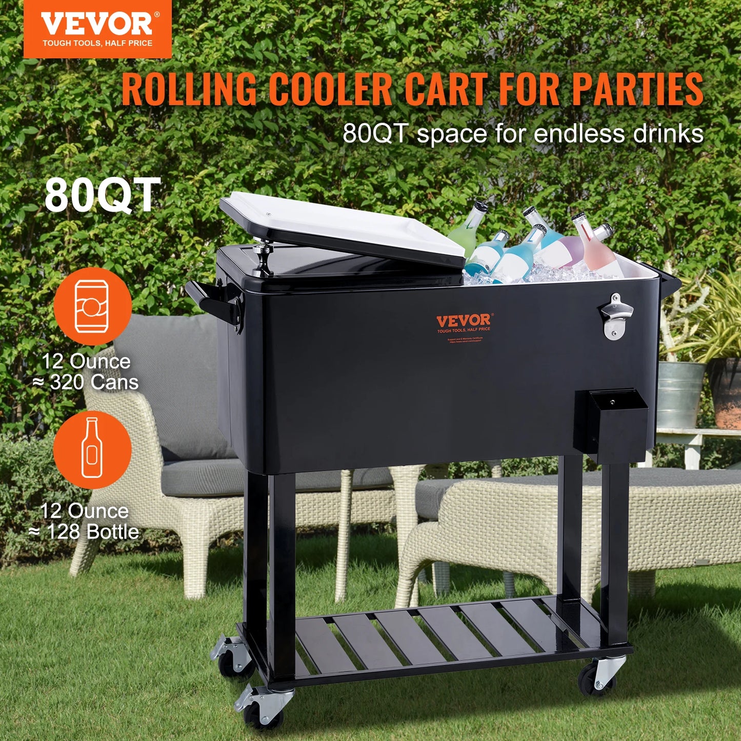 VEVOR 80 Quart Rolling Ice Chest Cooler Cart Portable Bar Drink Cooler Beverage Bar Stand Up Cooler for Patio Backyard