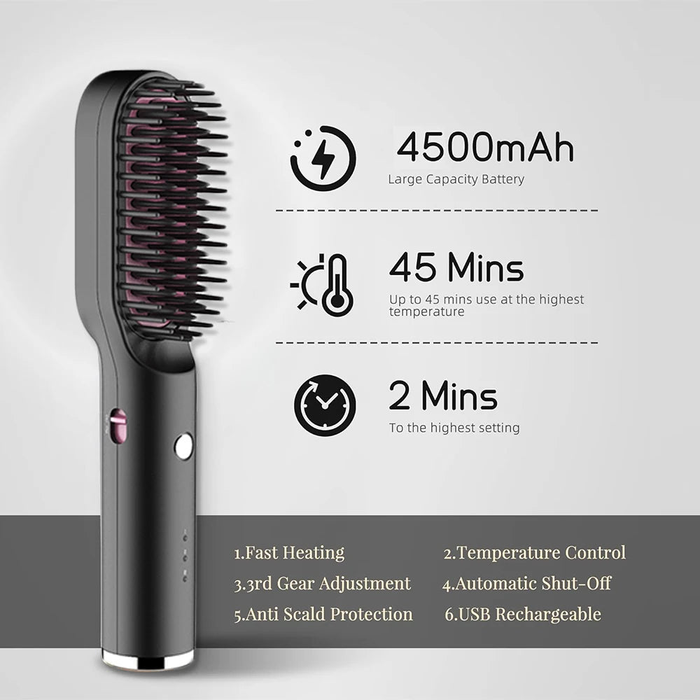 Wireless Hair Straightener Brush Portable Electric Hair Brush Fast Heating Comb Negative Ion Hot Straightener Comb USB Charge