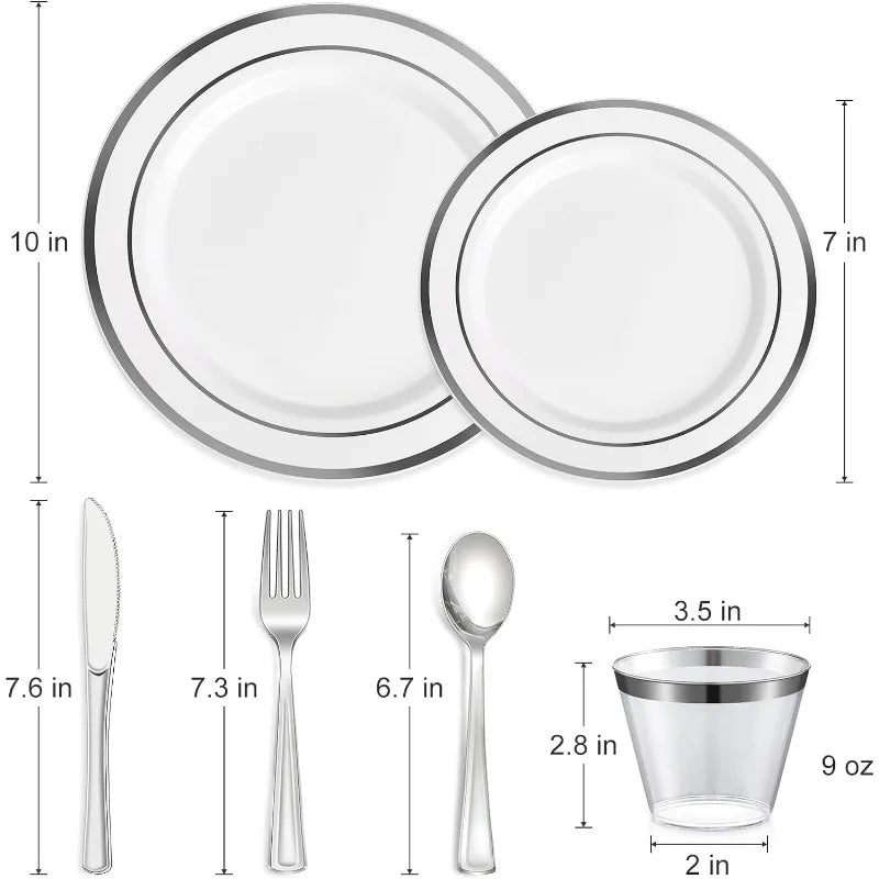 Service de vaisselle en plastique 600 pièces pour 100 invités, assiettes en plastique jetables pour fête d'anniversaire de mariage, assiettes à dîner, assiettes à salade