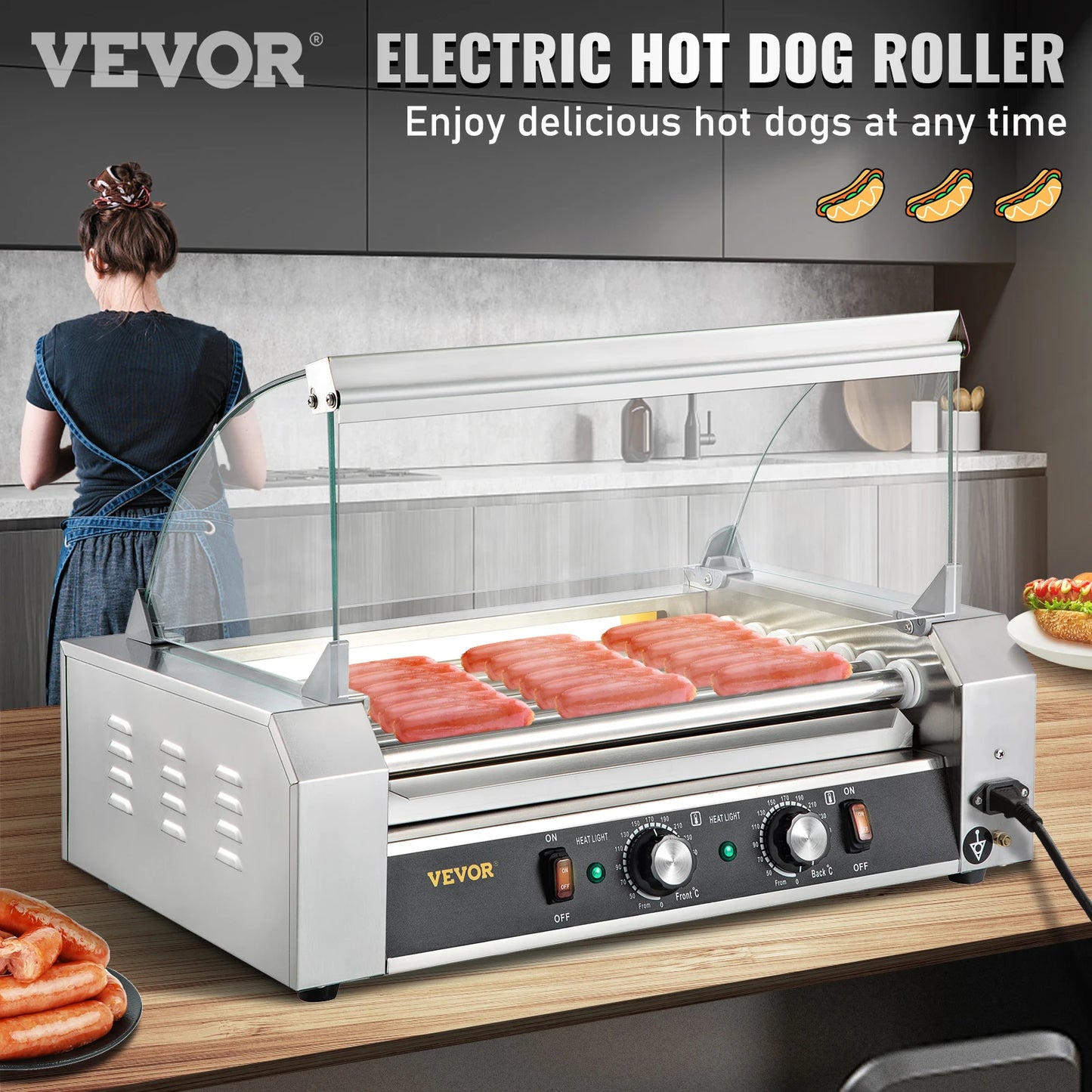 VEVOR Hot Dog Roller 5/7/11 Rods Stainless Steel Electric Sausage Grill Cooker With Dual Temp Control Barbecue Grill Machine