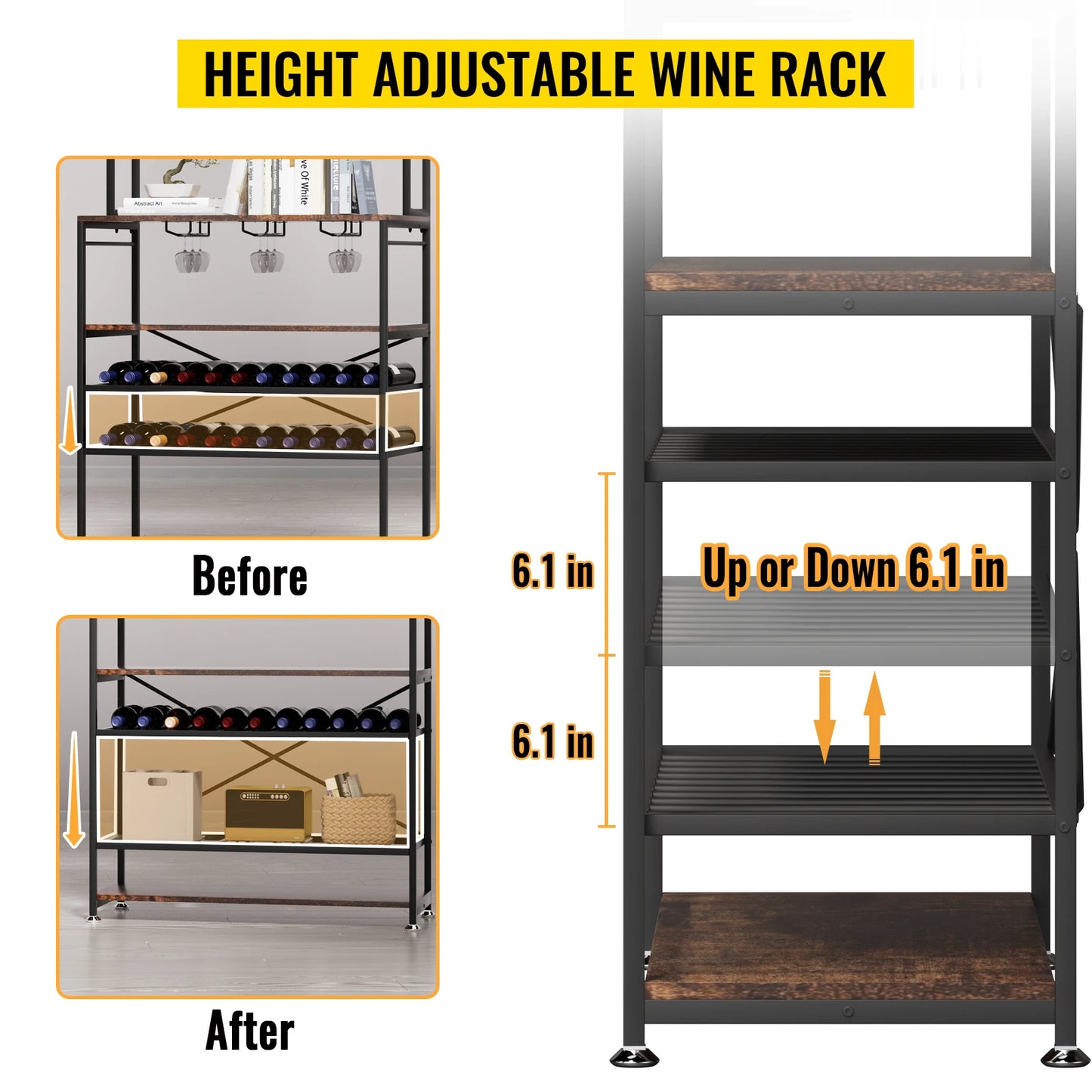 VEVOR 6-Tier Kitchen Bakers Rack with Cabinet 68"/65" Tall Storage Shelf Rack with 320 lbs Load Bearing Comes with 6 or 11 Hooks