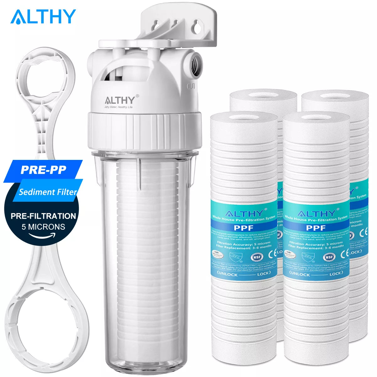 ALTHY – système de filtre à eau et sédiments pour toute la maison, 5 microns, purificateur de préfiltre, pré-filtre en coton PP de 10 pouces