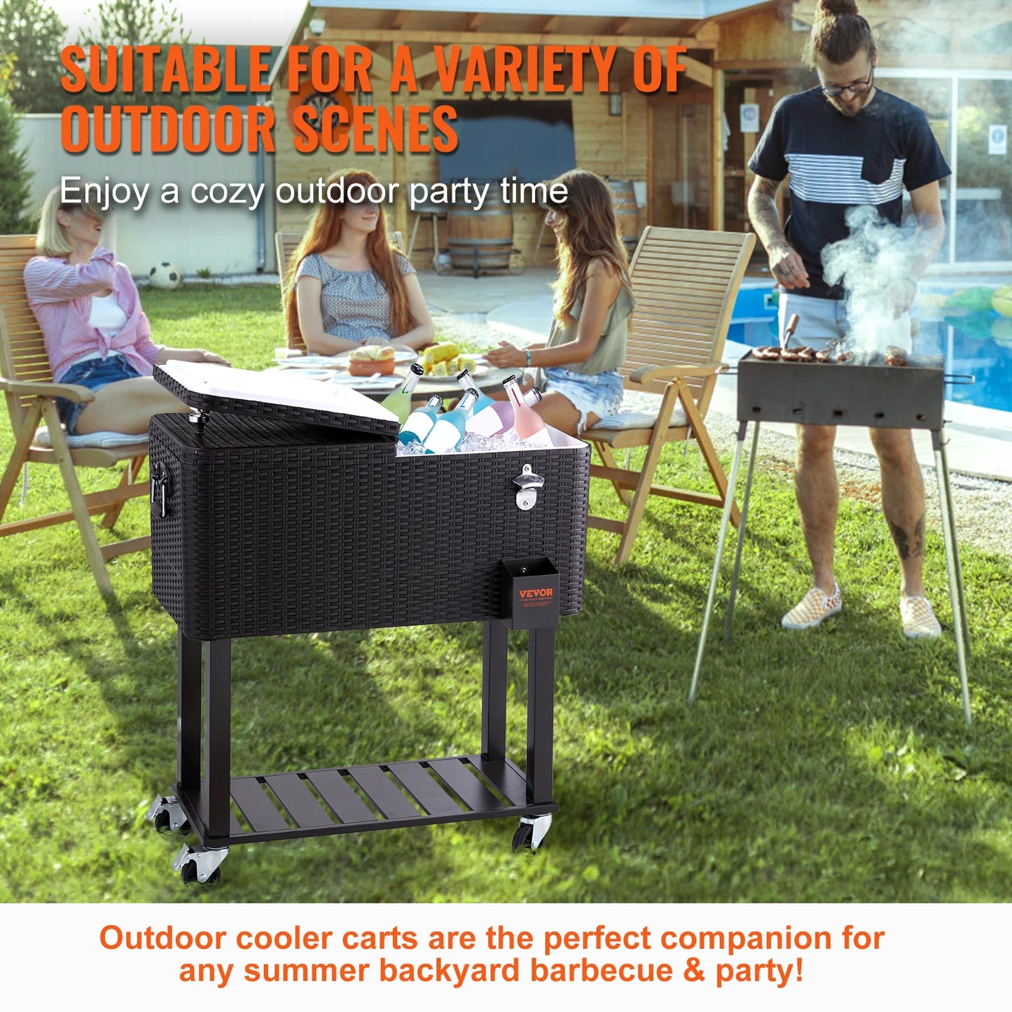 VEVOR 80 QT Rolling Ice Chest Cooler Cart Portable Bar Drink Cooler Beverage Bar Stand Up Cooler for Patio Backyard Party Pool