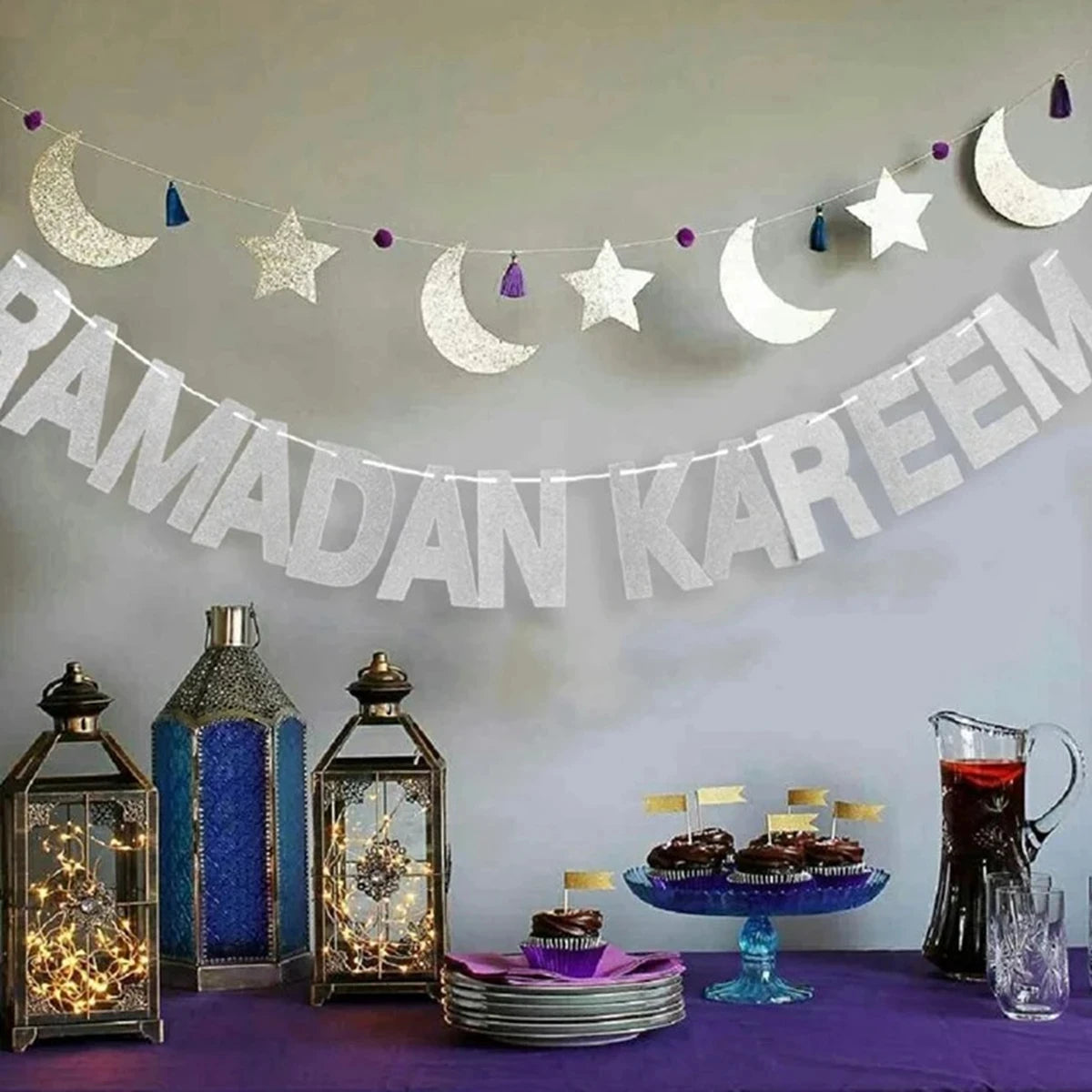 Platos de Eid Mubarak, pancarta con globos, vajilla, decoración de Ramadán, decoración de fiesta musulmana islámica de Ramadán Kareem, regalos de Eid Al Adha 2024