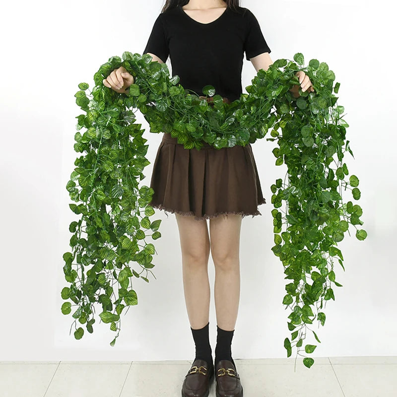 Planta Artificial de 2,1 M, guirnalda de hojas de hiedra verde, vid colgante de pared de seda, decoración para el hogar, fiesta de boda, bricolaje, hojas de corona falsas