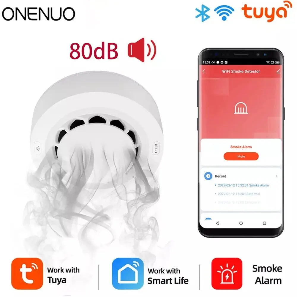 ONENUO Tuya-Detector de humo WiFi, Sensor fotoeléctrico, alarma de incendio, sistema de seguridad para el hogar y la cocina, funciona con la aplicación Smart Life