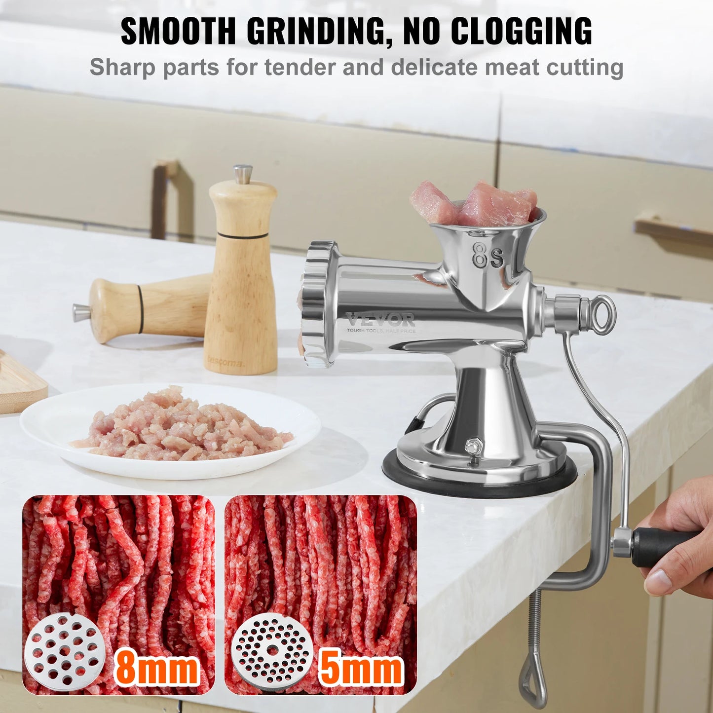 VEVOR Manual Meat Grinder 304 Stainless Steel Hand Meat Grinder with Suction Cup + Steel Table Clamp Meat Mincer Sausage Maker