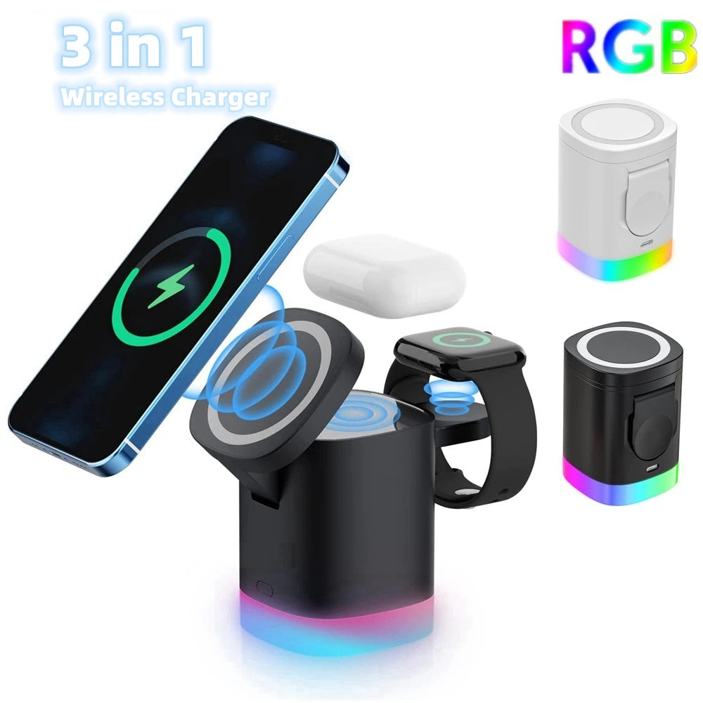 Cargador rápido inalámbrico magnético 3 en 1 para teléfono inteligente, estación de carga de luz ambiental RGB para Airpods IWatch