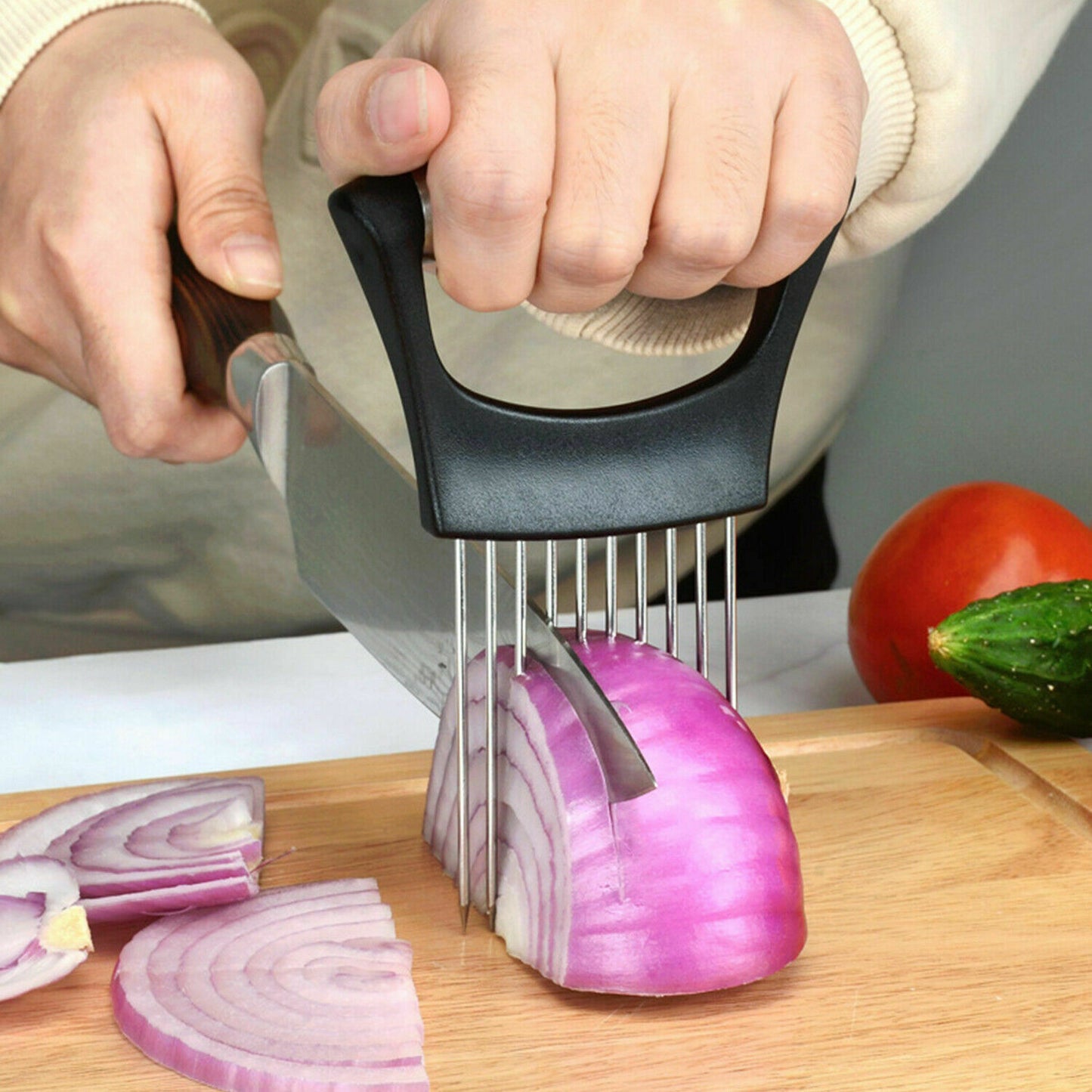 Assistant de tranche de nourriture-trancheur de porte-oignon en acier inoxydable coupe-tomate antidérapant 