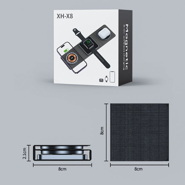 Station de charge sans fil pliable magnétique 3 en 1 pour iPhone, charge rapide transparente pour iWatch et Airpods