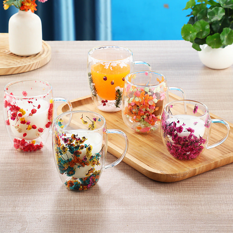 Dried Flower Double Layer Glass Cup Real Flower Cyber Celebrity Style Quicksand Cup