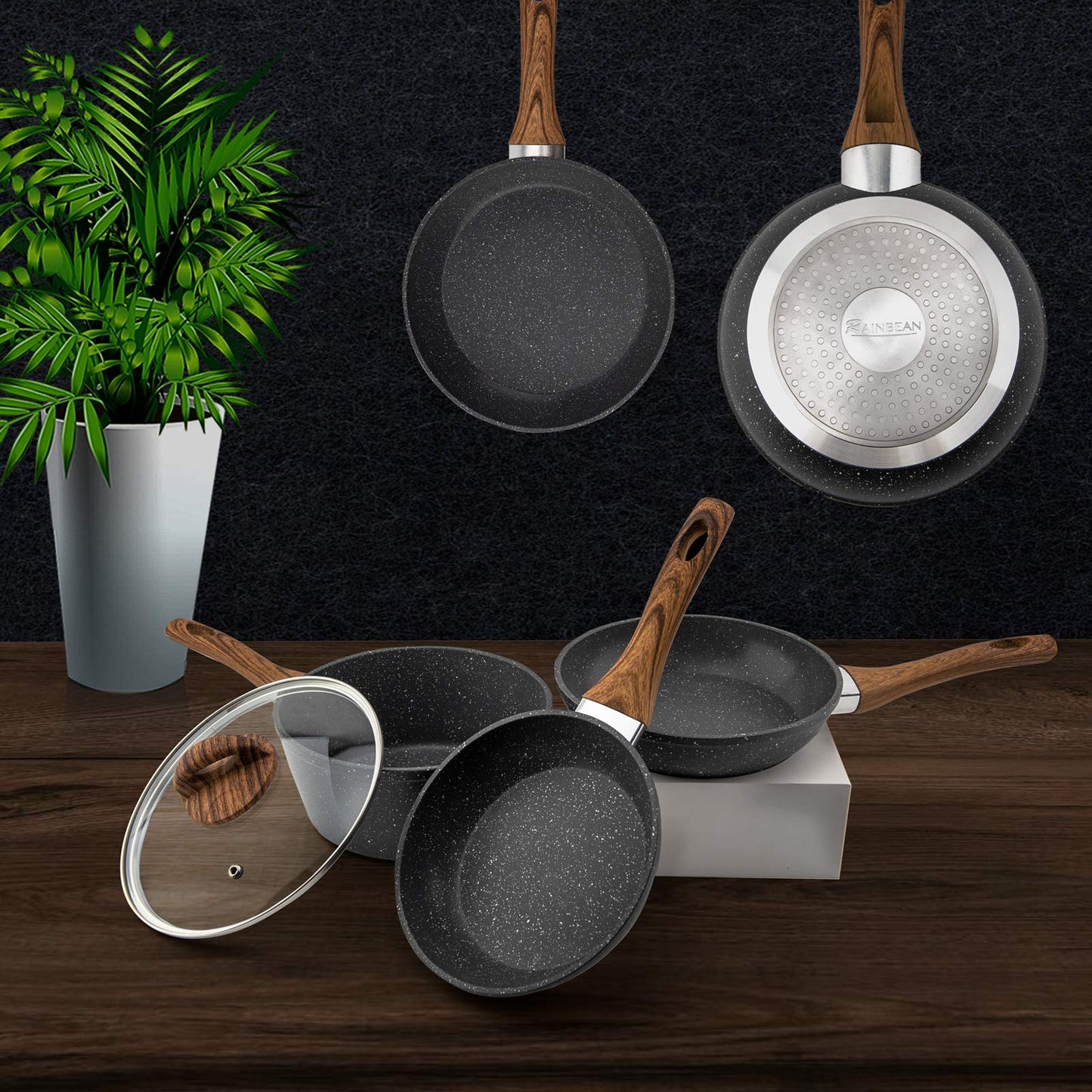 Ensemble de poêles à frire 3 pièces, casseroles antiadhésives, woks, batterie de cuisine, conception ergonomique résistante à la chaleur, poignée en bakélite effet bois, sans PFOA