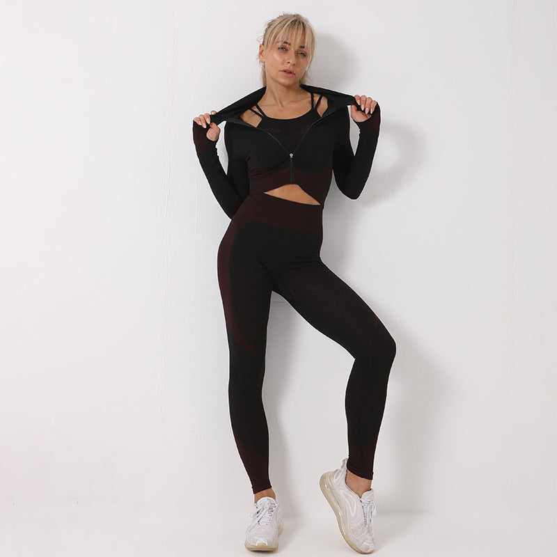 Ensemble de yoga 3 pièces sans couture, vêtements de sport pour femmes, leggings, haut court, soutien-gorge de sport, ensemble de fitness pour femmes, tenues pour femmes, survêtement