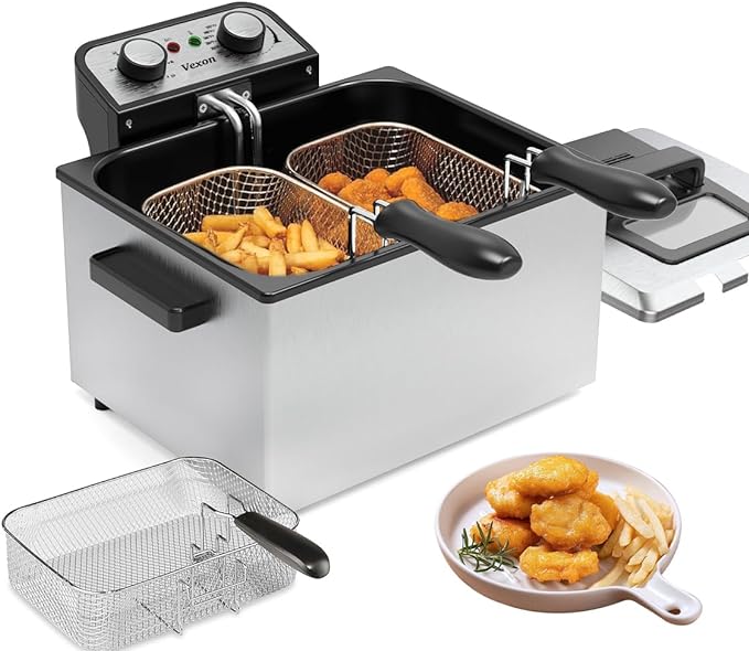 Grande friteuse électrique 1800 W 5 litres 21 tasses avec 3 paniers à frire pour un usage domestique, température réglable, couvercle de fenêtre de vue, corps de friteuse en acier inoxydable, parfait pour la cuisine, frire le poisson