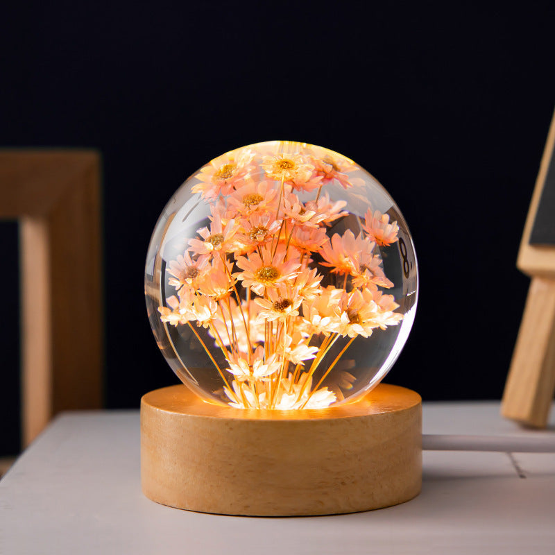 Bola de cristal luminosa de diente de león 3D, Base de madera de haya, esfera de flor preservada, adornos de escritorio, regalos de cumpleaños y Navidad