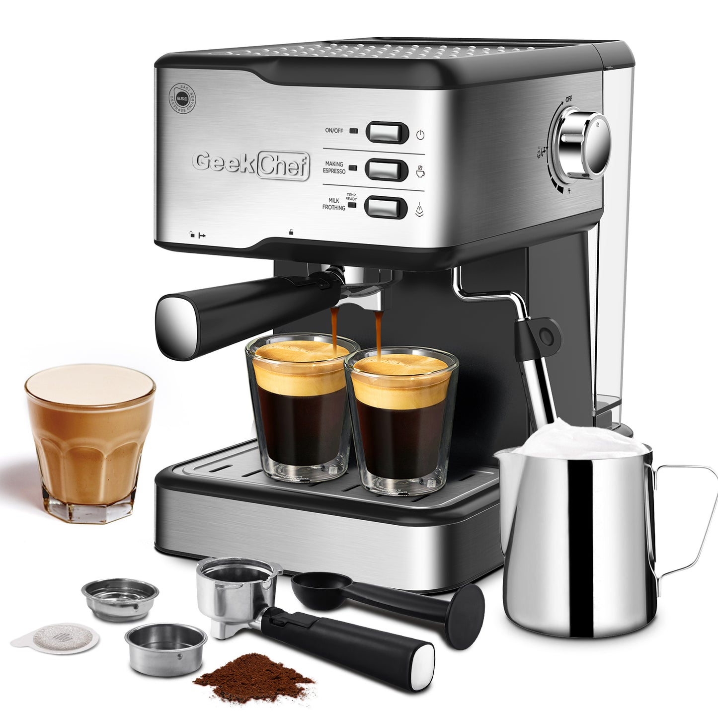 Geek Chef Máquina de café expreso, máquina de café espresso y capuchino, máquina de café con leche de 20 bares, compatible con filtro de cápsulas ESE POD y varilla de vapor de espumador de leche, 950 W, tanque de agua de 1,5 l, prohibición en Amazon 